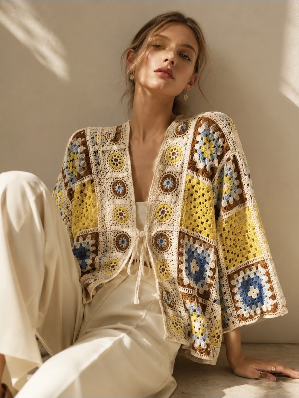 NWT Crochet Granny Square Cardigan Boho Floral Vintage Style